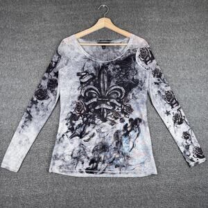 Rock & Republic Shirt Womens Small Long Sleeve Rose Fleur Graphic Gothic